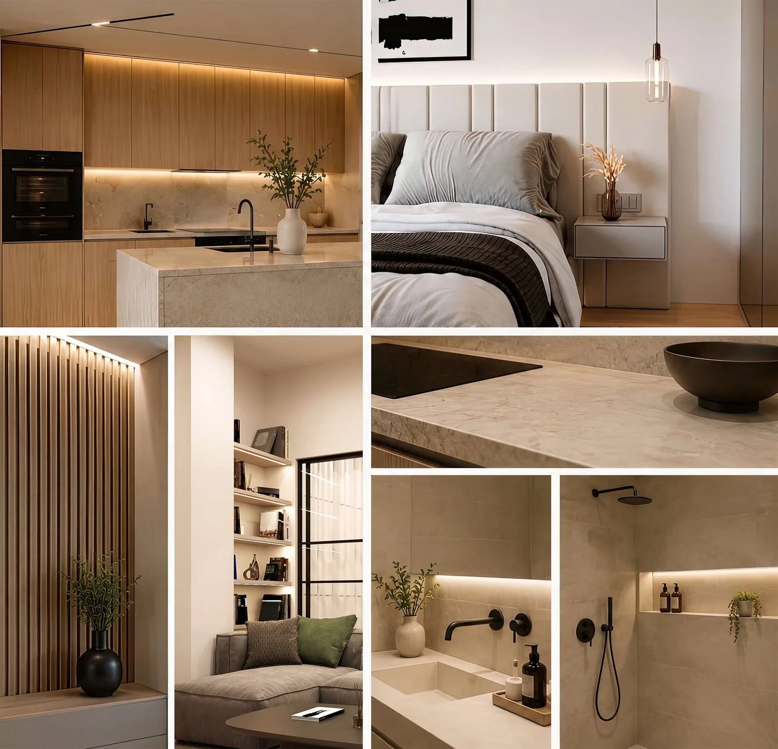 Kato Elliniko Riviera Suites — İç mekân detayları — mutfak, yatak odası, taş tezgâh, banyo