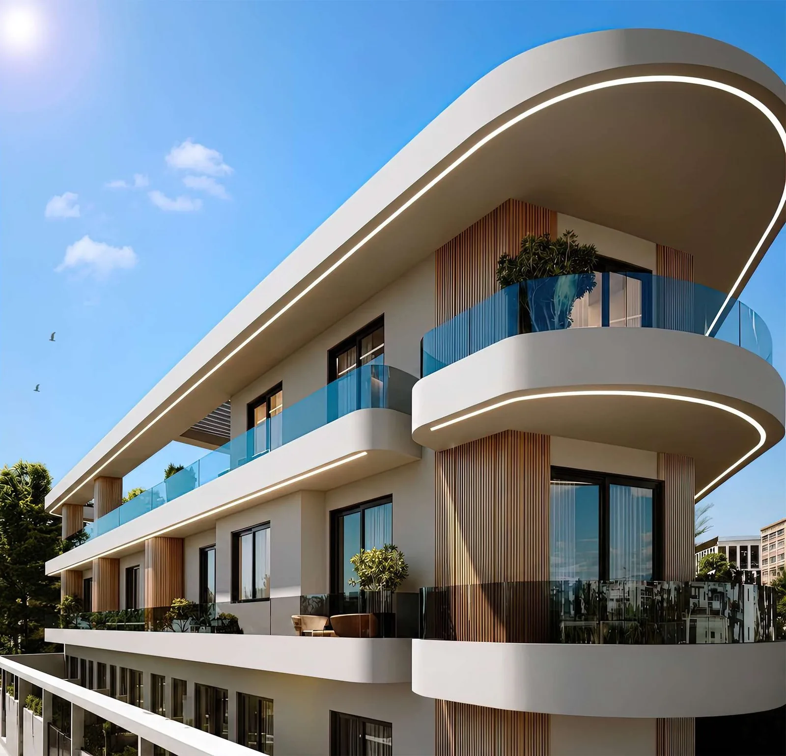 Kato Elliniko Riviera Suites — Kavisli imza balkonlar — alttan perspektif